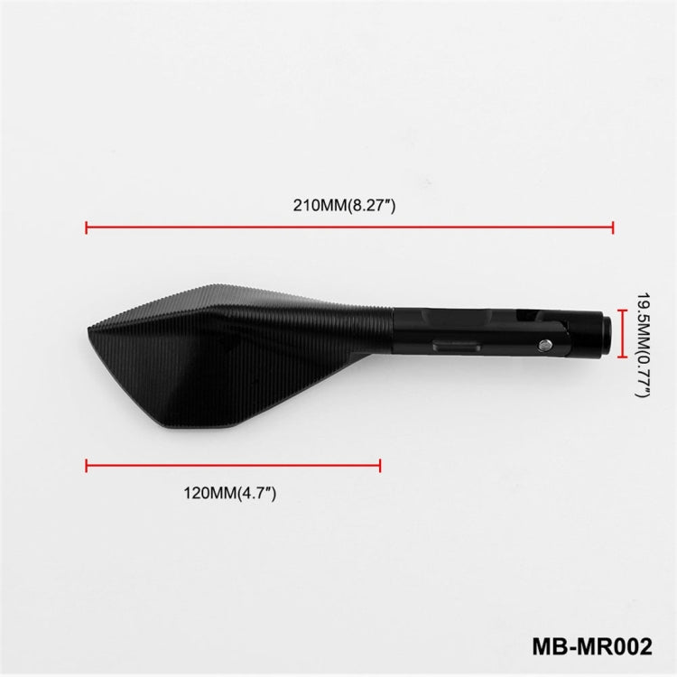 Black motorcycle rearview mirror with ribbed housing and overall size 210mm