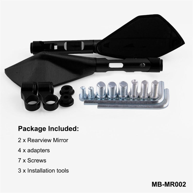 Black motorcycle rearview mirrors with mounting accessories, adapters, and screws