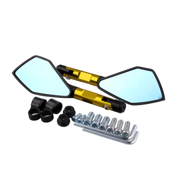 Gold motorcycle rearview mirrors with blue reflective lenses and installation hardware