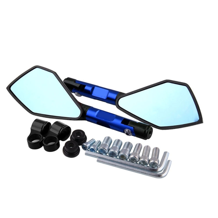 Blue motorcycle rearview mirrors with blue reflective lenses and mounting hardware