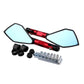 Red motorcycle rearview mirrors with blue reflective lenses and mounting hardware