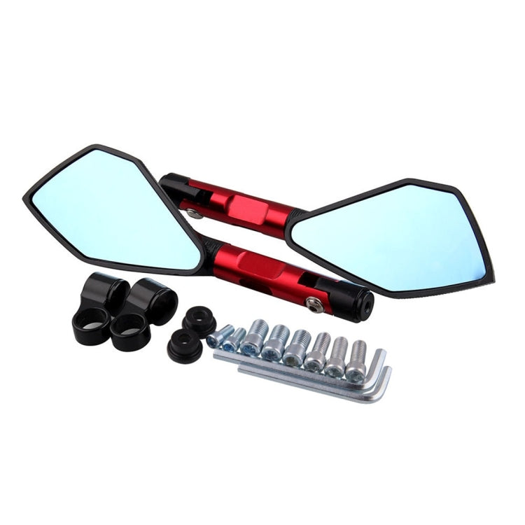 Red motorcycle rearview mirrors with blue reflective lenses and mounting hardware