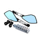 Motorcycle side rearview mirror set with blue reflective lenses and mounting hardware