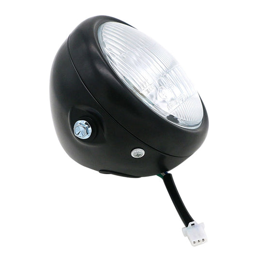 Black retro motorcycle LED headlight with clear lens and side electrical connector