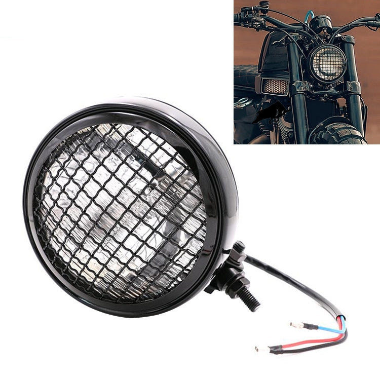 Black retro LED motorcycle headlight with chrome grid lens and mounting bracket