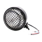 Black retro LED motorcycle headlight with chrome grid lens and wire pigtail