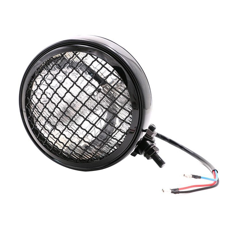 Black retro LED motorcycle headlight with chrome grid lens and wire pigtail
