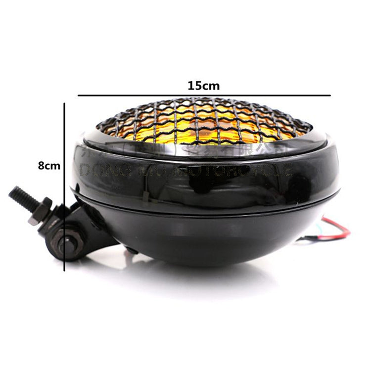 Black retro LED headlight with chrome grid lens, side mount, and size markings