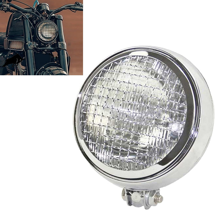 Motorcycle retro LED headlight with chrome silver round shell and clear lens