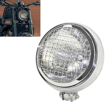Motorcycle retro LED headlight with chrome silver round shell and clear lens