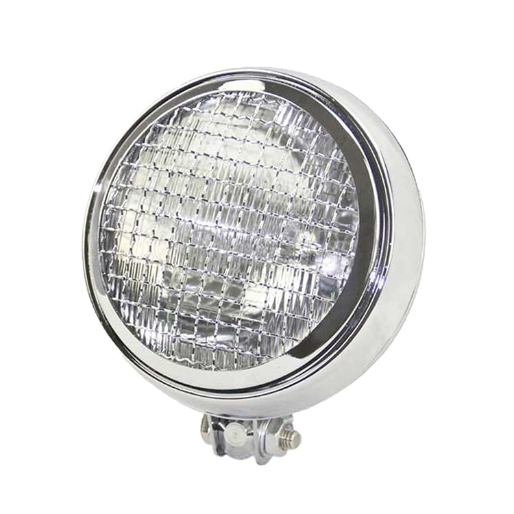 Motorcycle retro LED headlight with chrome silver round shell and clear segmented lens