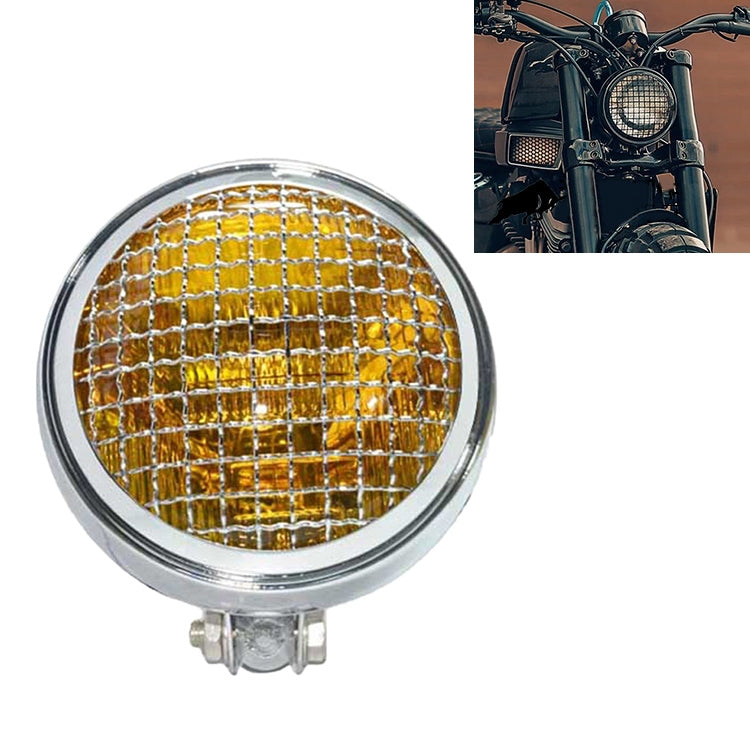 Motorcycle retro LED headlight with chrome silver round shell and amber grid lens