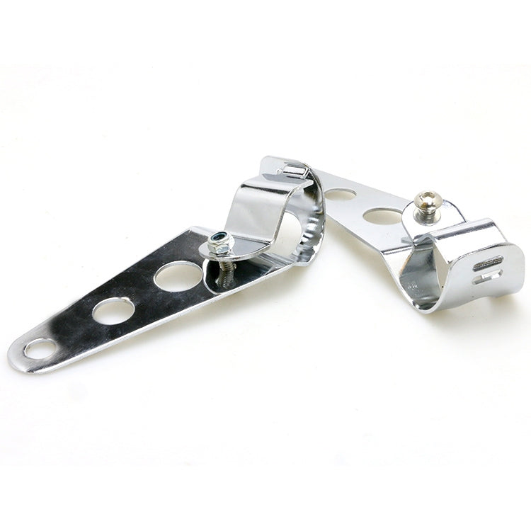 Motorcycle headlight mounting bracket, silver metal frame with adjustable clamp bolt