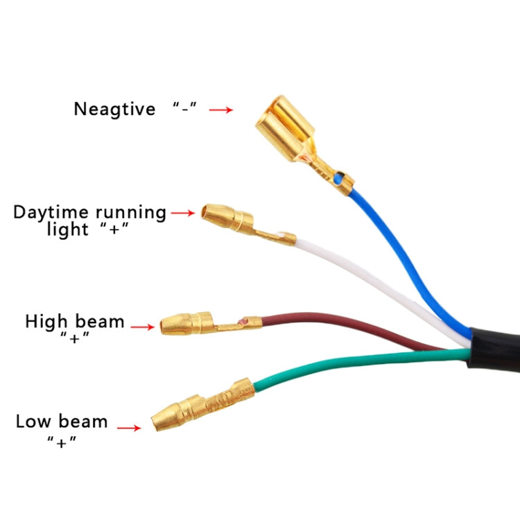 Motorcycle LED headlight wiring harness with bullet connectors and colored lead wires