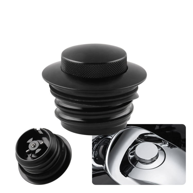 Black flush pop-up motorcycle gas cap with textured top and threaded base
