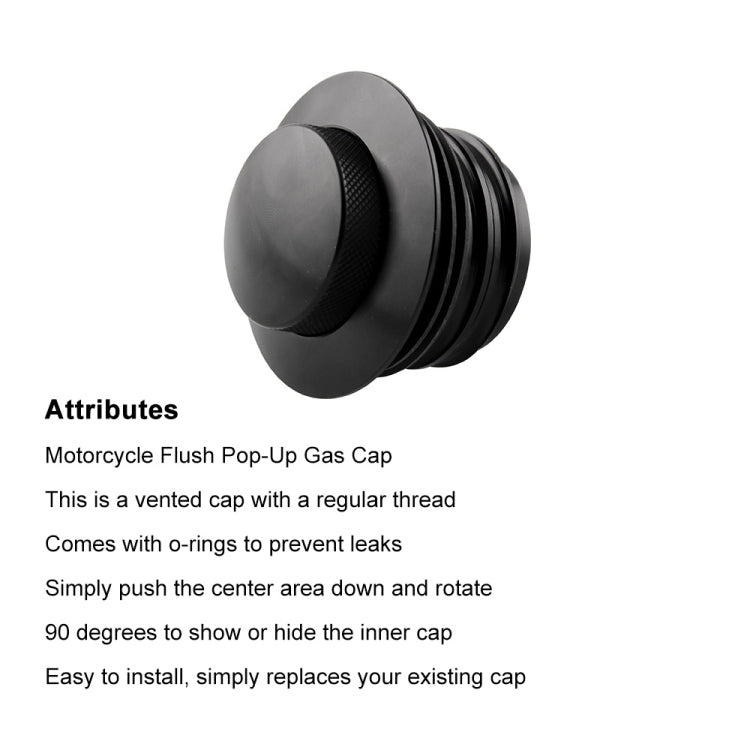 Black flush pop-up motorcycle gas cap with textured top and ribbed outer threads