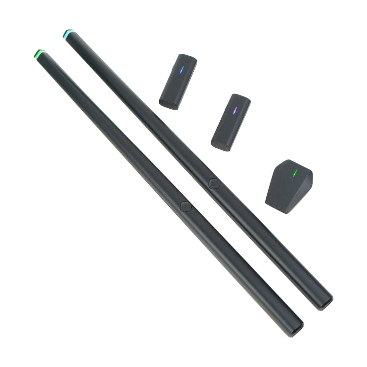 Virtual drum kit with three dark sensor sticks and small controller pads, green indicator lights