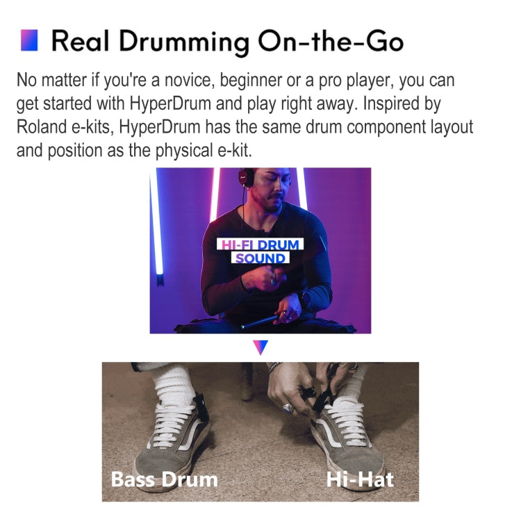 Virtual drum kit sticks in use for on-the-go drumming, with optional foot-based controls