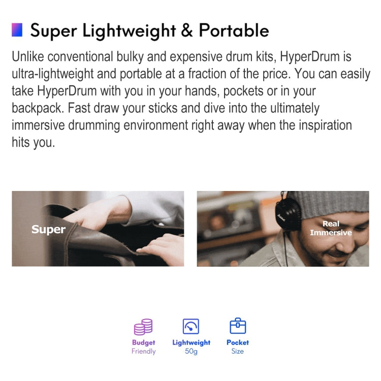 Portable virtual drum kit sticks shown in hand, compact design for easy carrying