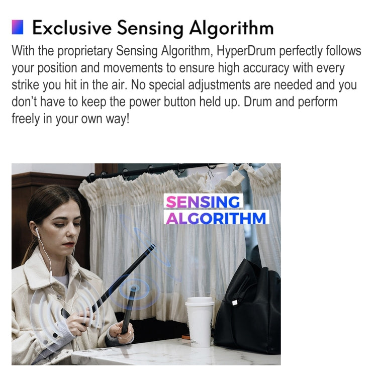 Virtual drum kit sensing setup with sensor sticks and controller pad in use indoors