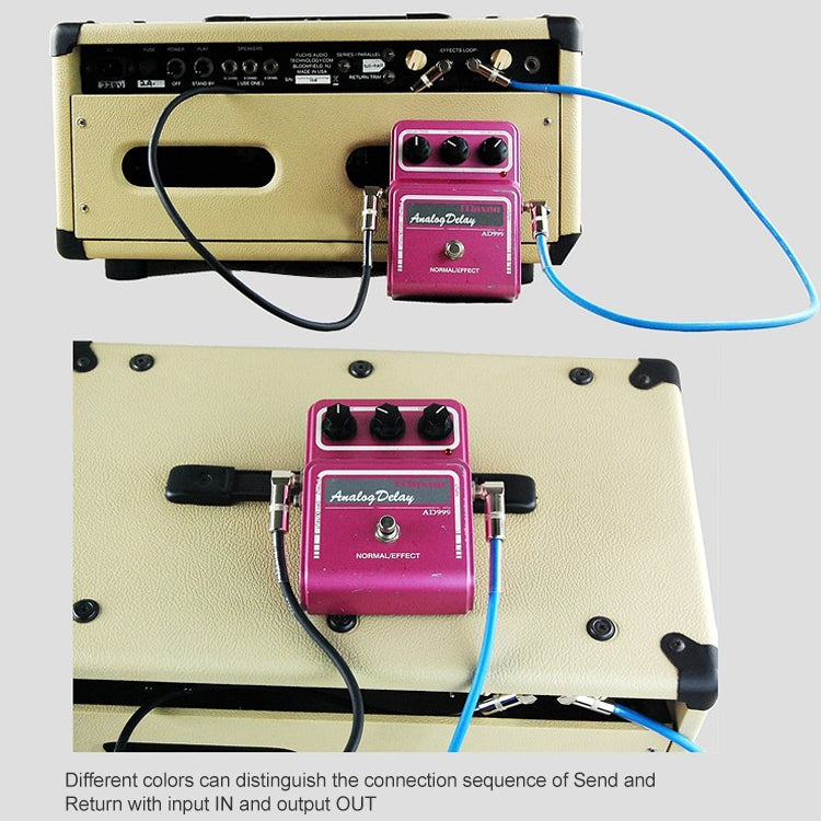 Multi-color effect cable connections on a pedalboard, with silver plug tips