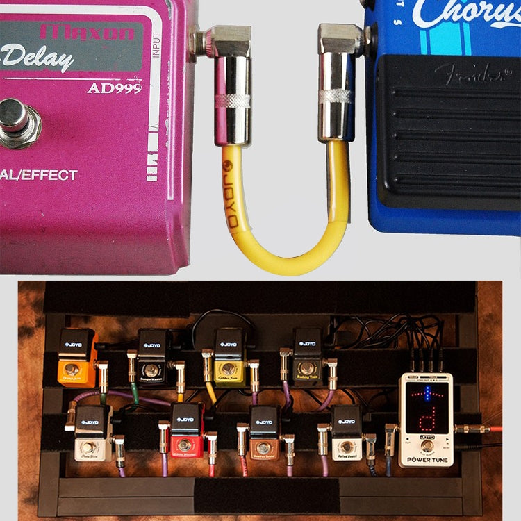 Effect pedal input cables with silver metal connectors and colored leads