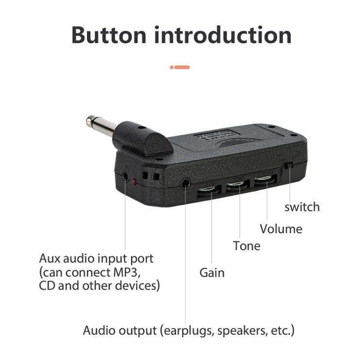 Black mini guitar effects module with volume, tone, gain controls, and audio ports.