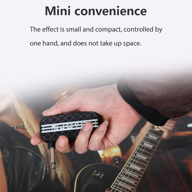 Handheld mini guitar lead distortion effects pedal with patterned front and output jack.