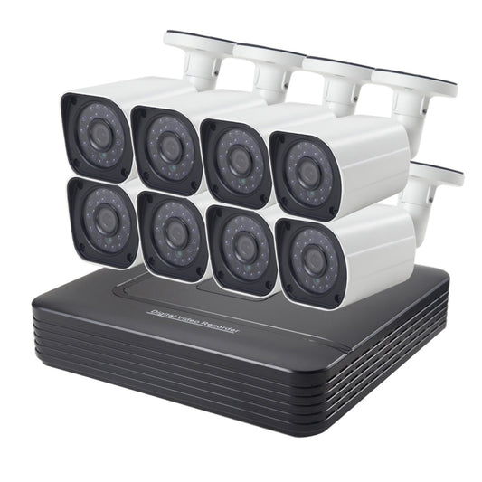8-bullet IP camera kit with NVR and 8 white bullet cameras on black recorder