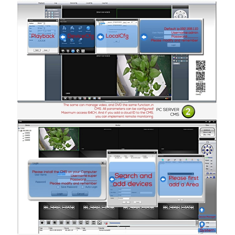 CCTV security system DVR software interface with device setup and login prompts