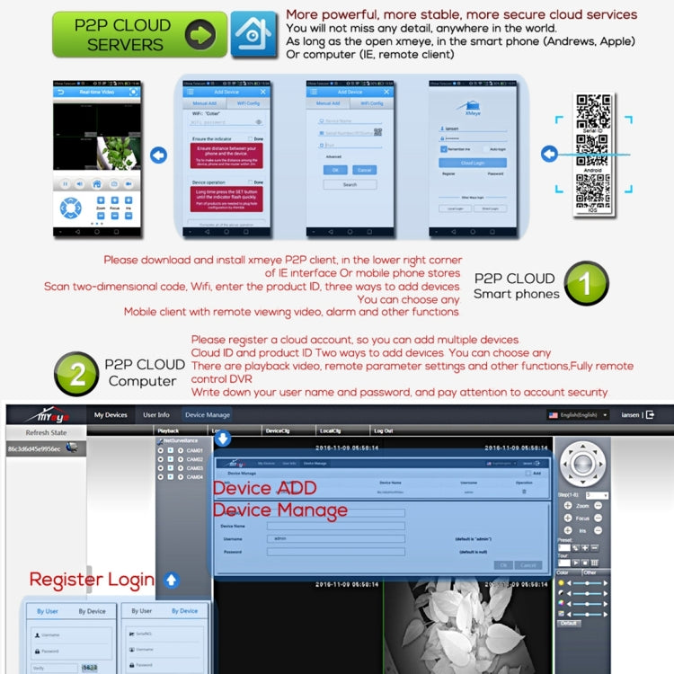 CCTV camera system P2P cloud and DVR device management app screens