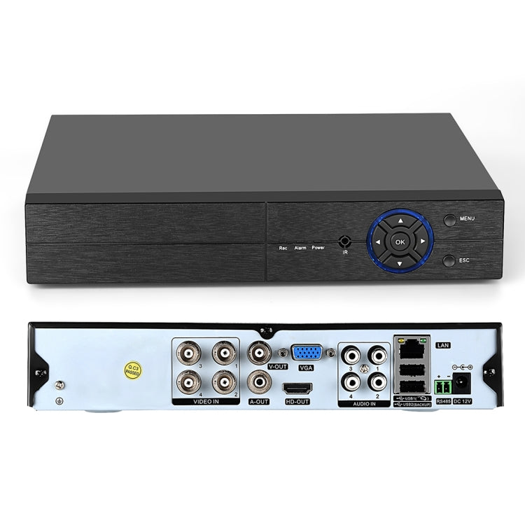 Black DVR front panel and back connection ports for video and network