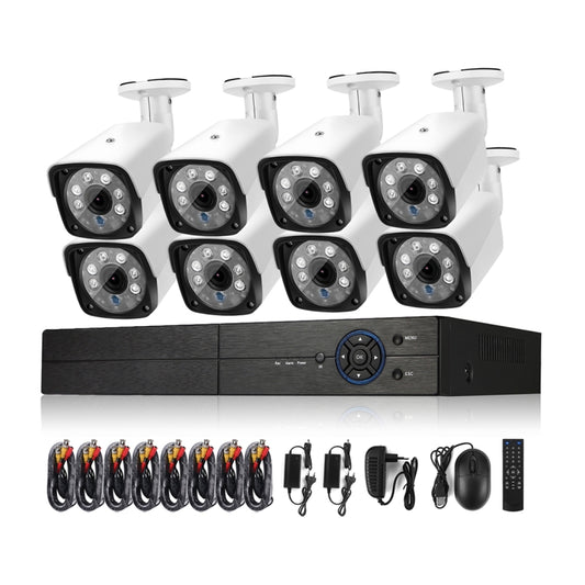Eight white dome security cameras and black AHD DVR recorder with mounting accessories