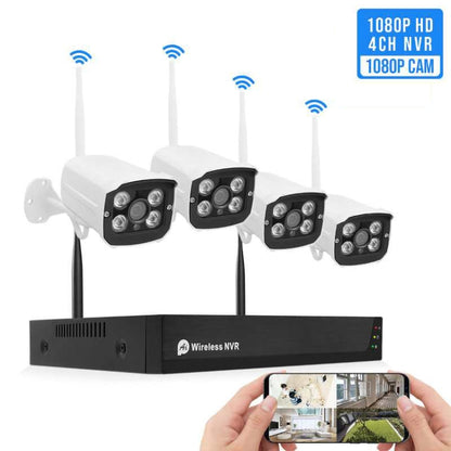 Wireless camera set with NVR, four white wireless bullet cameras and smartphone preview
