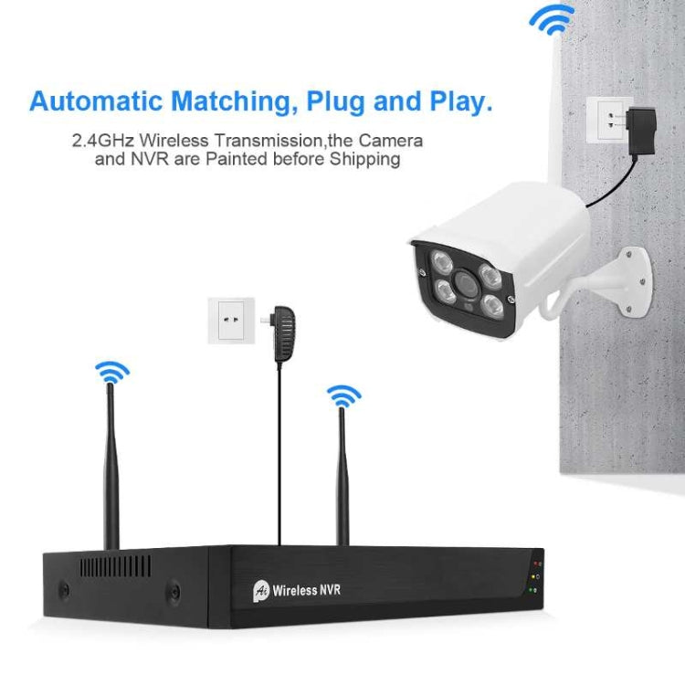 Wireless camera set plug-and-play: white camera with antenna and black NVR system