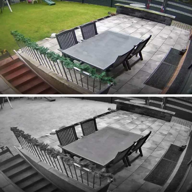 Outdoor surveillance view from wireless camera system with daytime and night scenes