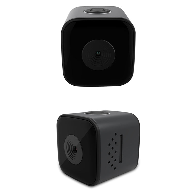 Black cube mini smart camera with front lens and side speaker holes
