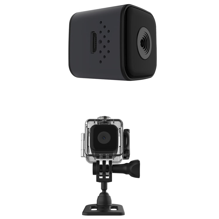 Black mini smart camera with front lens, side speaker holes, and rear port