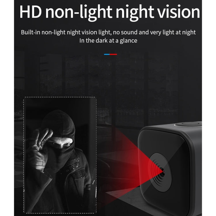 Black mini smart camera with front lens and red night-vision beam illustration