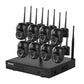 Wireless dome security camera system with eight cameras and black NVR base, angled
