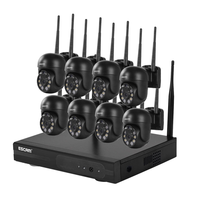 Wireless dome security camera system with eight cameras and black NVR base, angled