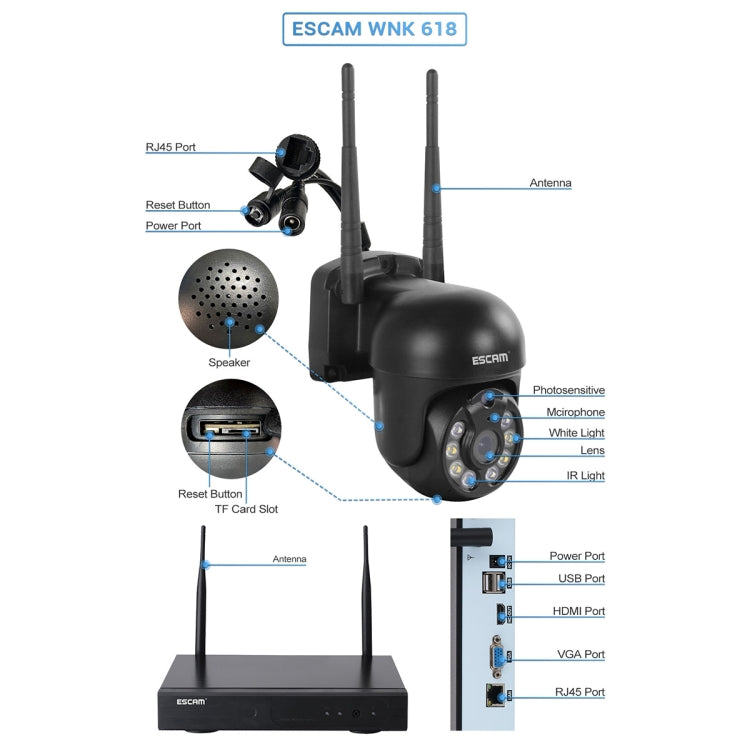 Black wireless dome security camera and NVR ports with microphone and speaker