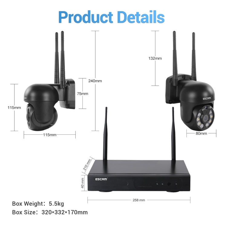 Wireless NVR and dome security camera size diagram with antenna measurements