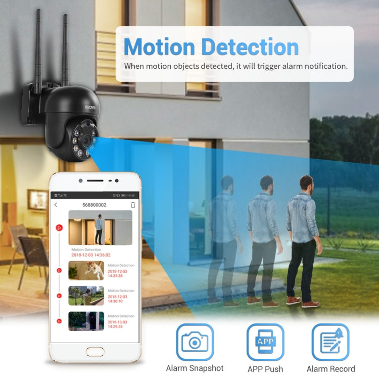 Wireless security camera with motion detection notifications on smartphone screen