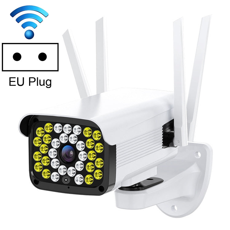 Outdoor PTZ surveillance camera with WiFi antennas and EU plug label