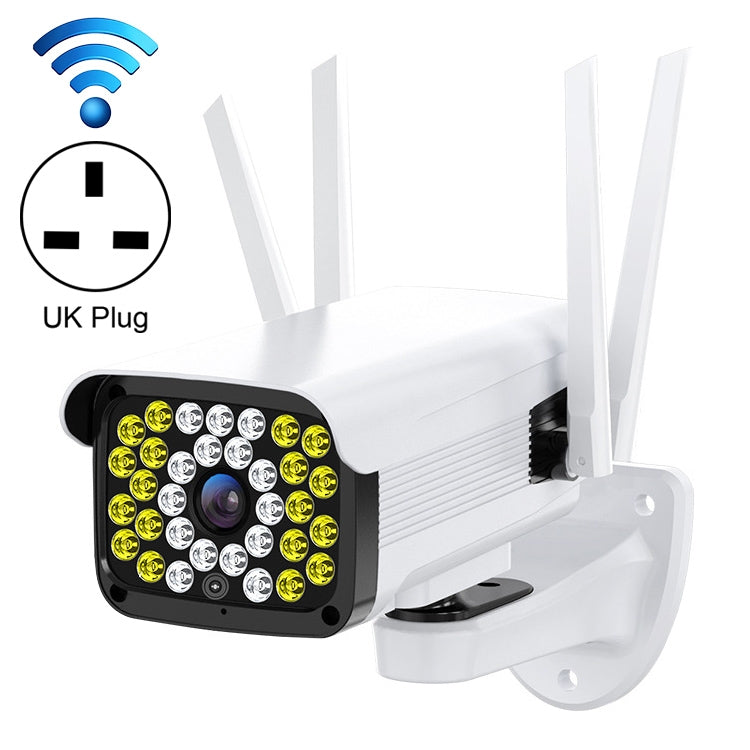 Outdoor PTZ surveillance camera with WiFi antennas and UK plug label
