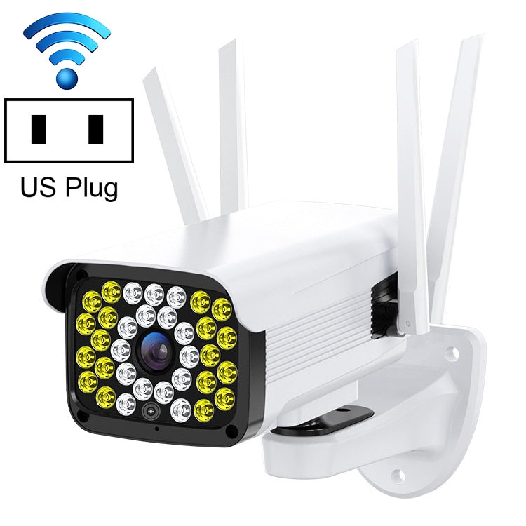 Outdoor PTZ surveillance camera with WiFi antennas and US plug label