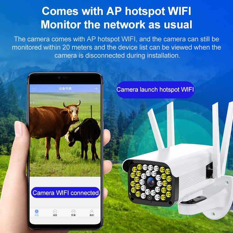 WiFi outdoor IP surveillance camera with smartphone app showing live connection