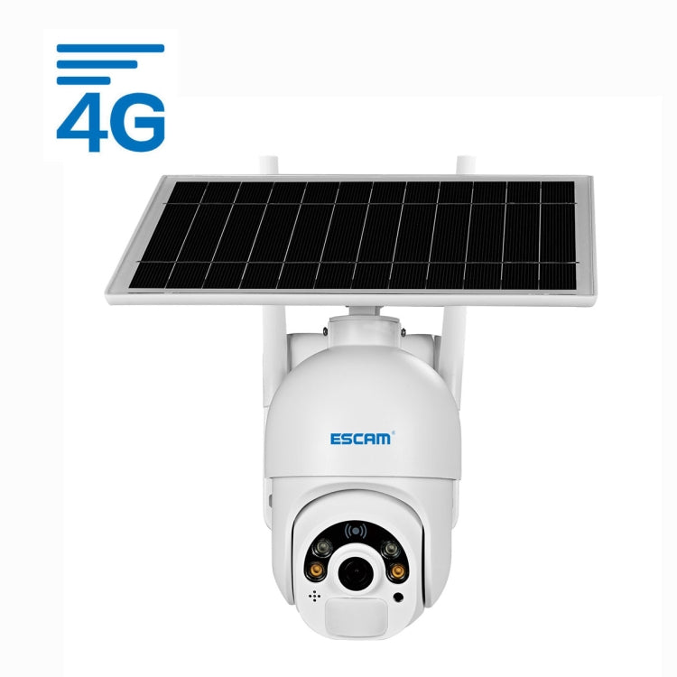ESCAM solar-powered 4G IP security camera, front view with solar panel and lens
