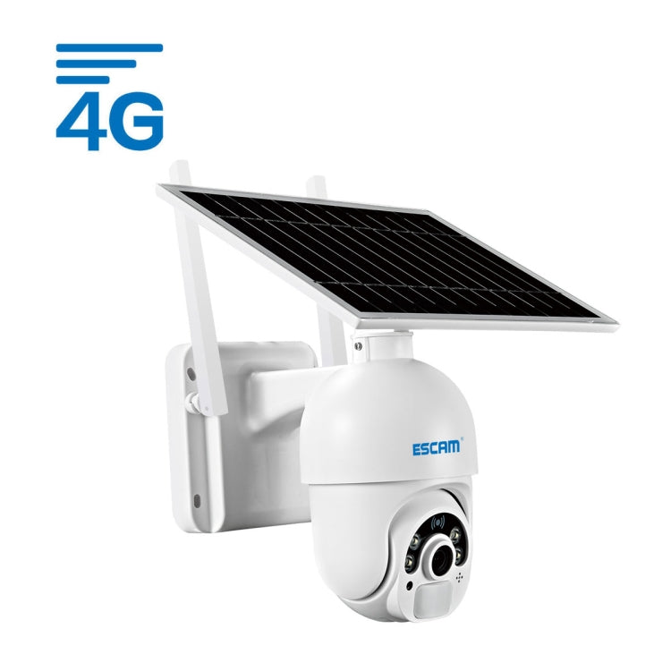 ESCAM solar powered 4G IP security camera with wall arm, black solar panel, white body